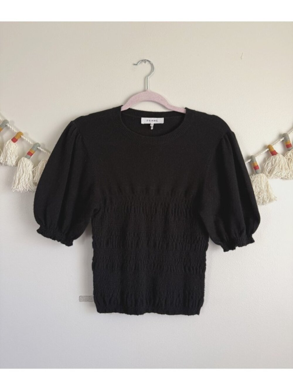 FRAME Smocked Puff Sleeve 100% Cashmere In Noir Back Modest Timeless Classic S